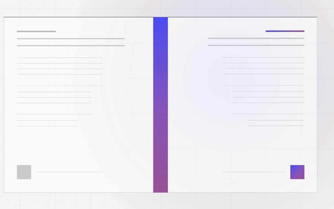 Abstract illustration of a contract: an open two-page spread with a blue-to-purple gradient spine, signature blocks on both pages, and its text shown as anonymous grey bars.