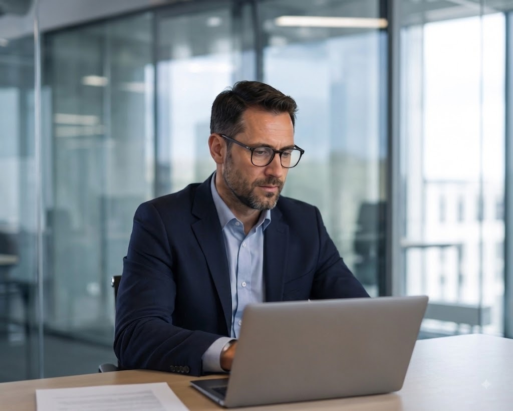 A corporate travel manager working at a laptop in a glass-walled office, a printed report on the desk beside him.