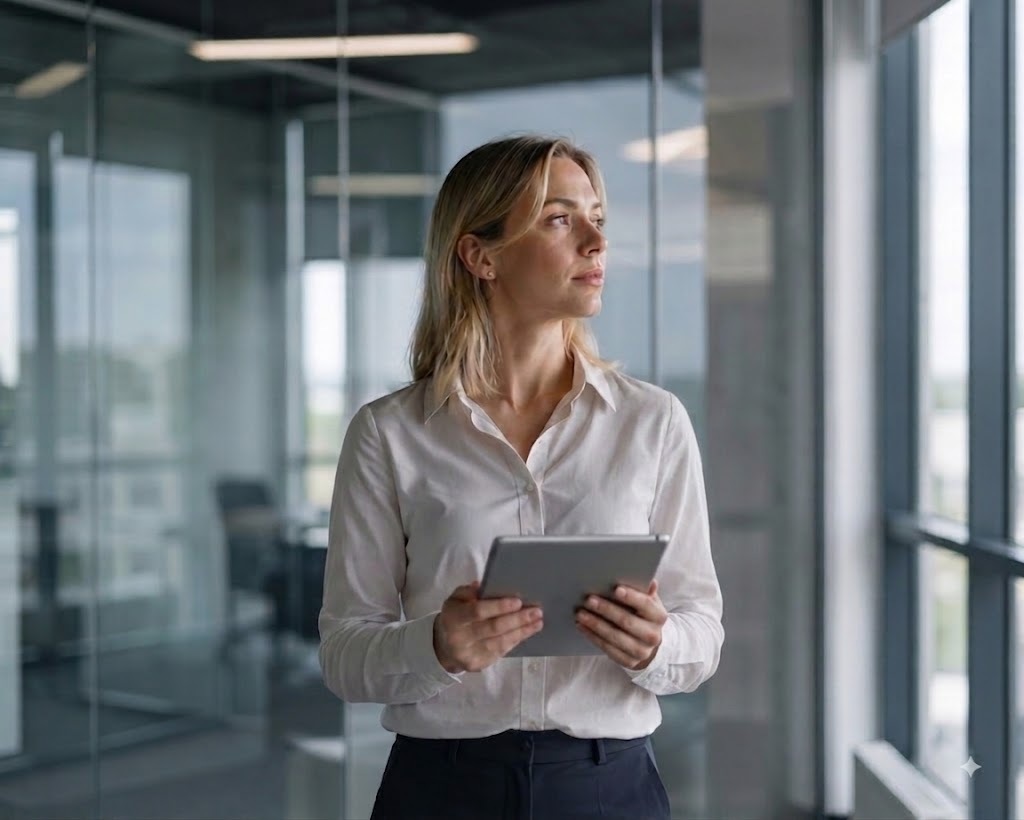 A finance VP holding a tablet by an office window, the executive audience for a monthly travel briefing.