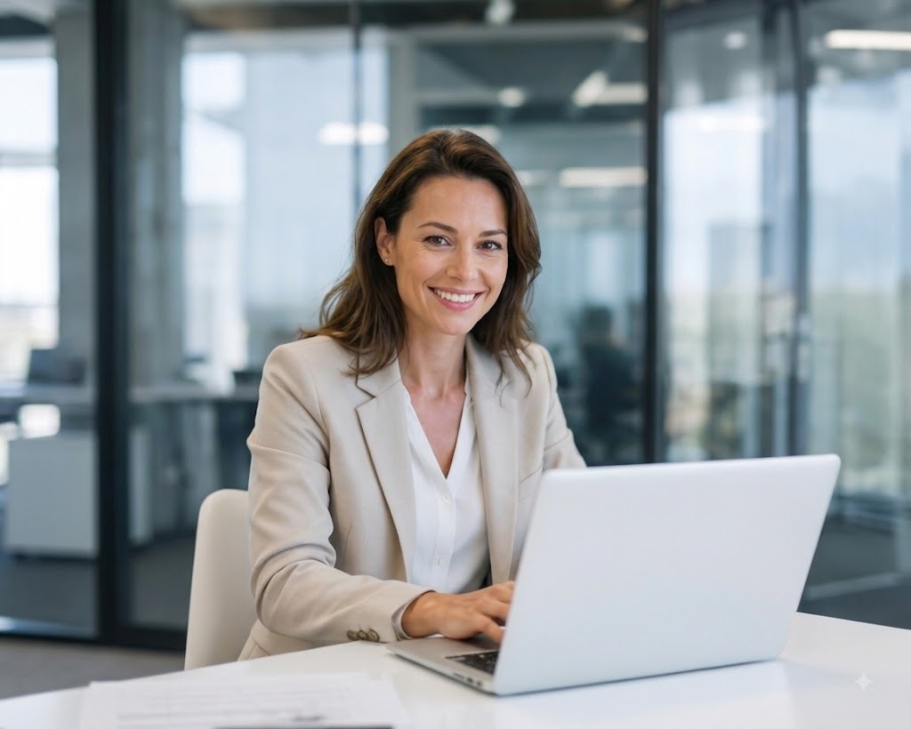 A procurement lead working at a laptop in an open-plan office, programme paperwork on the desk beside her.