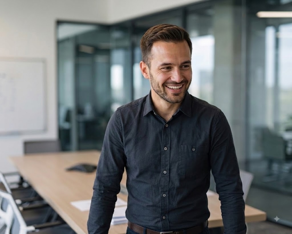 A team lead standing beside a meeting room table in an open-plan office, mid-conversation with colleagues.