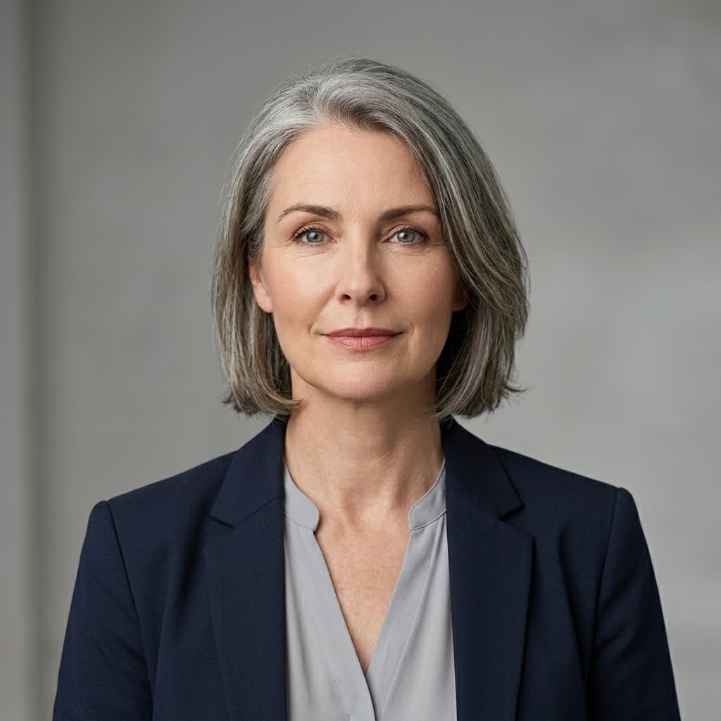 Heads of sourcing and procurement: a woman in a navy blazer and grey blouse, in a plain studio headshot