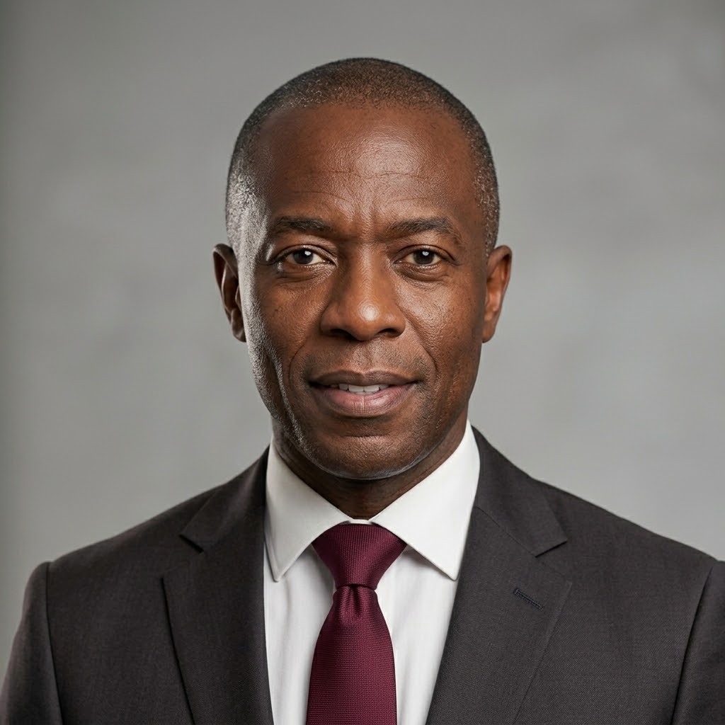 CFOs and FP&A: a man in a charcoal suit, white shirt and burgundy tie, in a plain studio headshot