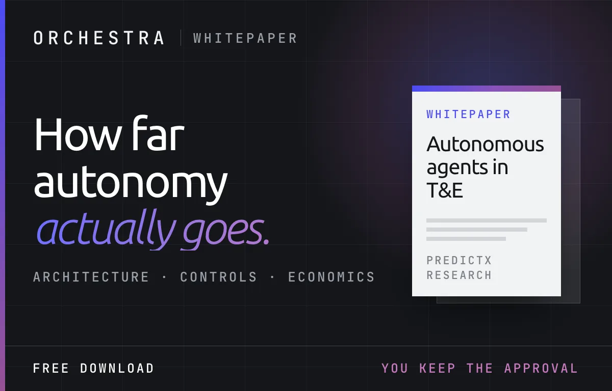 Whitepaper cover, Autonomous agents in T&E: architecture, controls, economics, for finance leaders. Figures illustrative.
