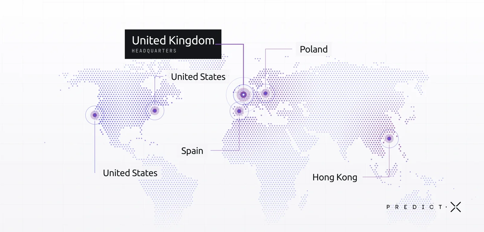 World map of PredictX locations: United Kingdom headquarters, with offices in the United States, Poland, Spain and Hong Kong