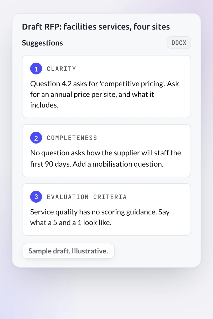 Three suggestions on a sample draft RFP: clearer pricing, a missing mobilisation question, service quality scoring guidance