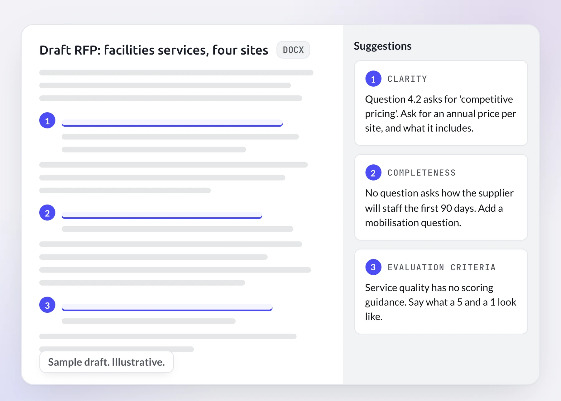 Three suggestions on a sample draft RFP: clearer pricing, a missing mobilisation question, service quality scoring guidance