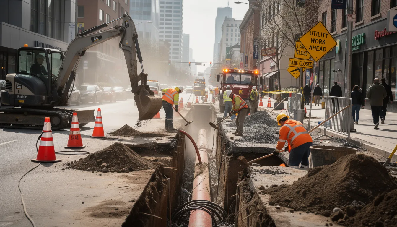 The image depicts an urban street scene where construction crews are actively working on replacing lead service lines and other underground utilities. Various equipment and tools are visible, indicating a community effort to improve water service lines and ensure safe drinking water for residents.