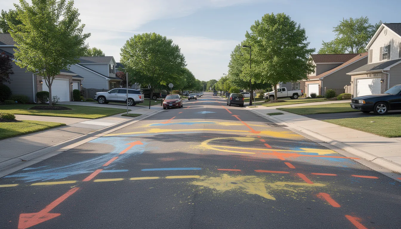 The image depicts a residential neighborhood street with visible underground utility markers, indicating the presence of water service lines, including potential lead pipes. These markers are essential for property owners and water utilities to identify and manage the replacement process of lead service lines, ensuring safe drinking water for the community.