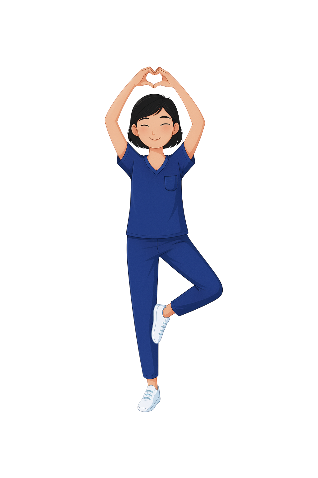 Illustration of a warm-hearted nurse in blue scrubs, joyfully forming a heart shape with her hands above her head, radiating compassion, empathy, and dedication to patient care.