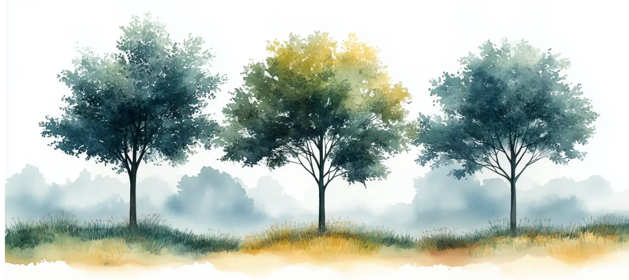 watercolor painting of 3 trees in blue and green shades
