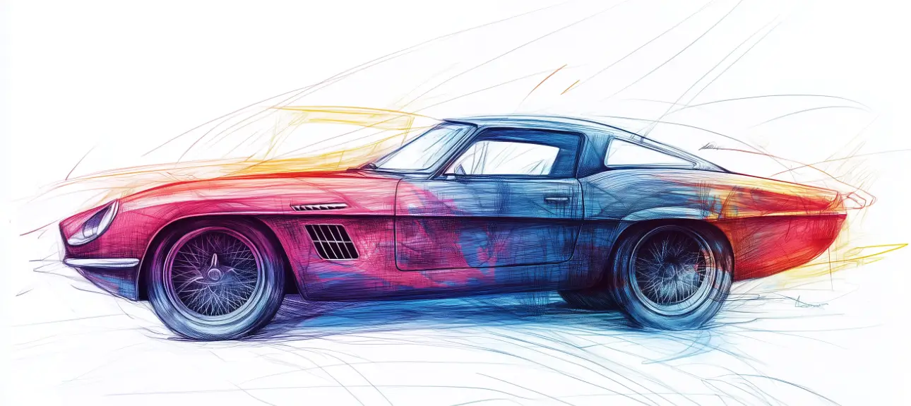 watercolor painting of a fast racecar in blue, red, purple colors