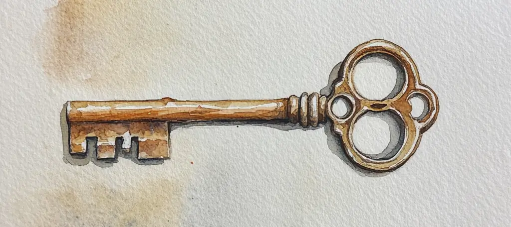 watercolor image of a brown old fashioned key showing security & privacy