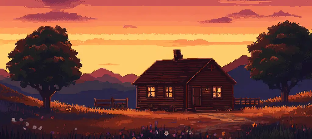 watercolro image of a house at sunset