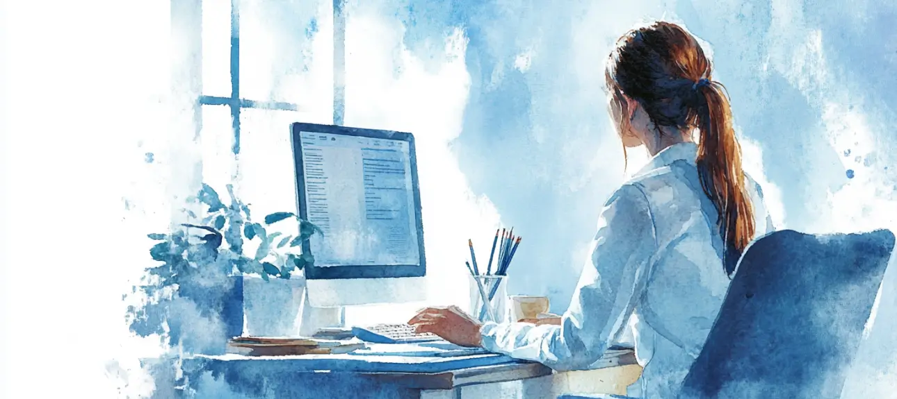 watercolor painting of a desktop with a laptop, notepad, and vase of flowers