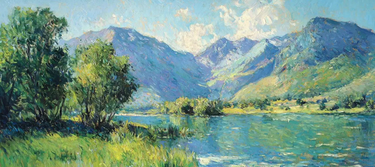 monet landscaping painting of a field and mountain range