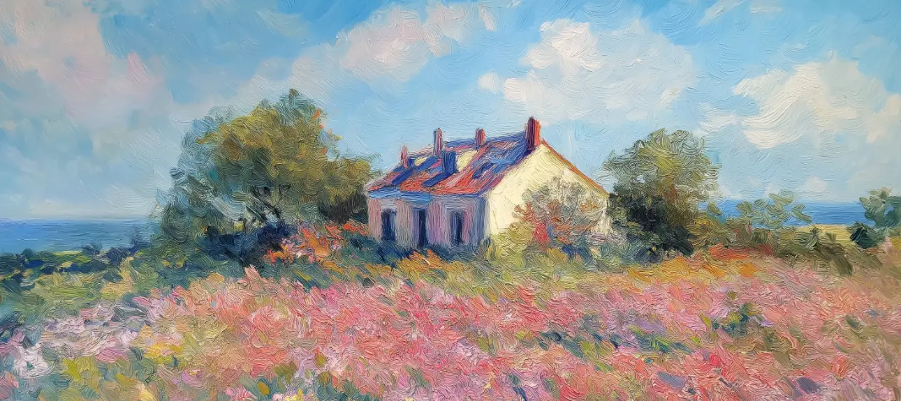 monet painting of a house in a field