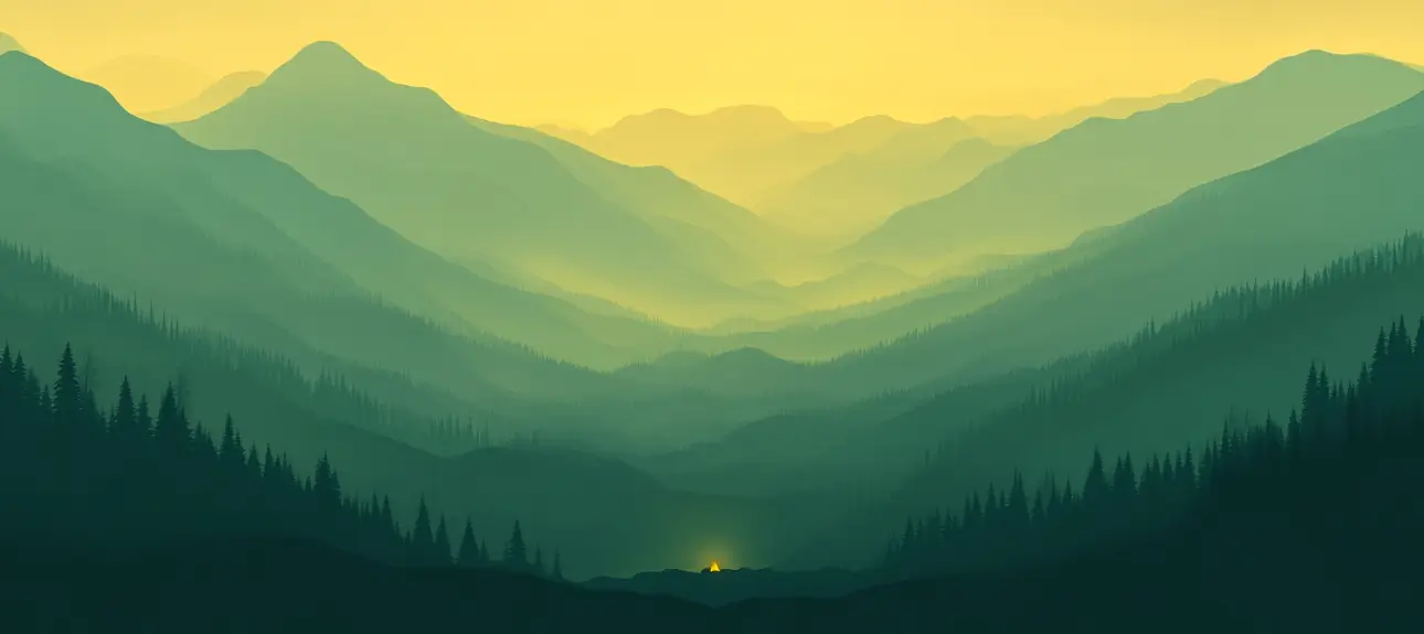 graphic image of a mountain at sunset with a variety of colors