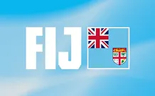 The word 'FIJI' in white letters on a blue sky background with the Fiji national flag to the right.