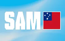 Text 'SAM' in white block letters next to the flag of Samoa on a blue and white sky background.