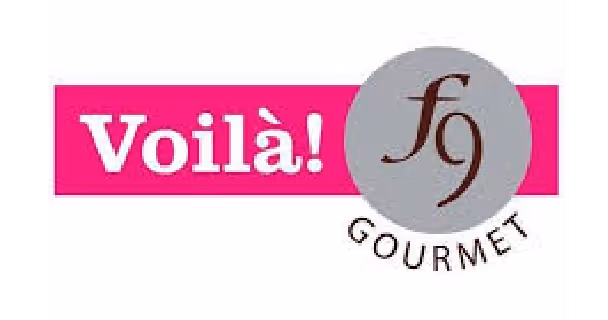 Voilà! f9 Gourmet logo with pink and gray color scheme.