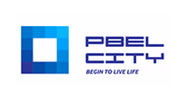 Blue square logo with the text 'Pbel City' and slogan 'Begin to live life' in blue font.