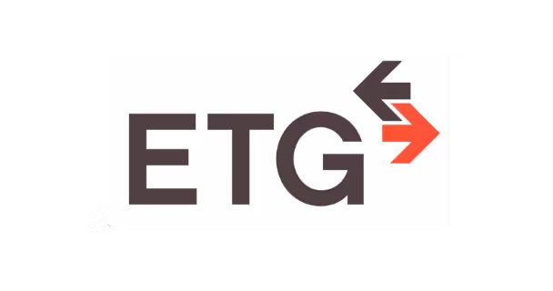 ETG logo with black left arrow and red right arrow above the letters.