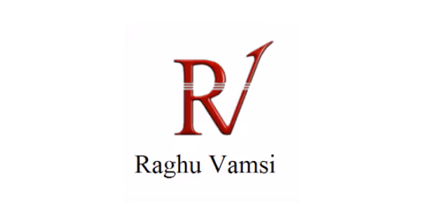 Logo with red stylized letters 'RV' above the name Raghu Vamsi in black text.