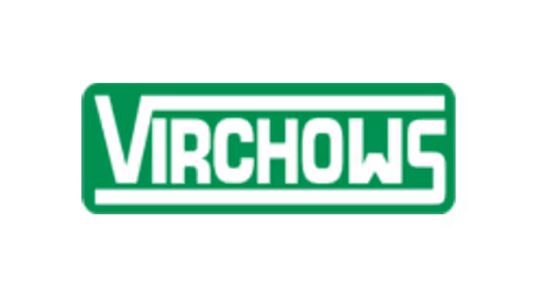 Logo with the word VIRCHOWS in bold white letters inside a green rectangle outlined in white.