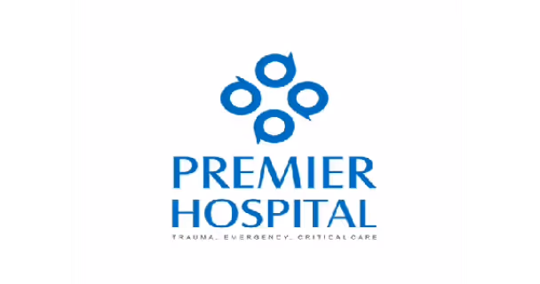Premier Hospital logo with blue circular shapes above the text.