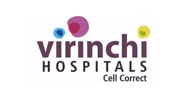 Virinchi Hospitals logo with colorful abstract cell shapes above the name and the tagline 'Cell Correct'.
