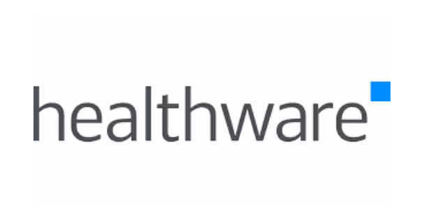 Healthware logo with the word 'healthware' in gray lowercase text and a small blue square at the upper right corner.