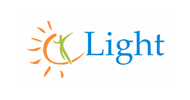 Logo with an orange stylized sun, a green human figure reaching upward, and the word 'Light' in blue text.