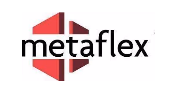 Metaflex logo with red geometric shapes forming an abstract design around the text.
