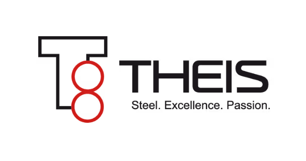 Theis company logo with stylized T and number 8 integrated, accompanied by the tagline 'Steel. Excellence. Passion.'