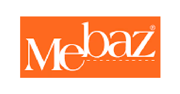 Logo with the word 'Mebaz' in white letters on an orange rectangular background.