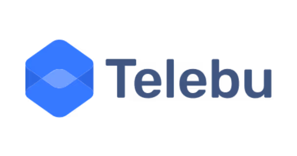 Blue hexagonal logo icon next to the word 'Telebu' in dark blue text.
