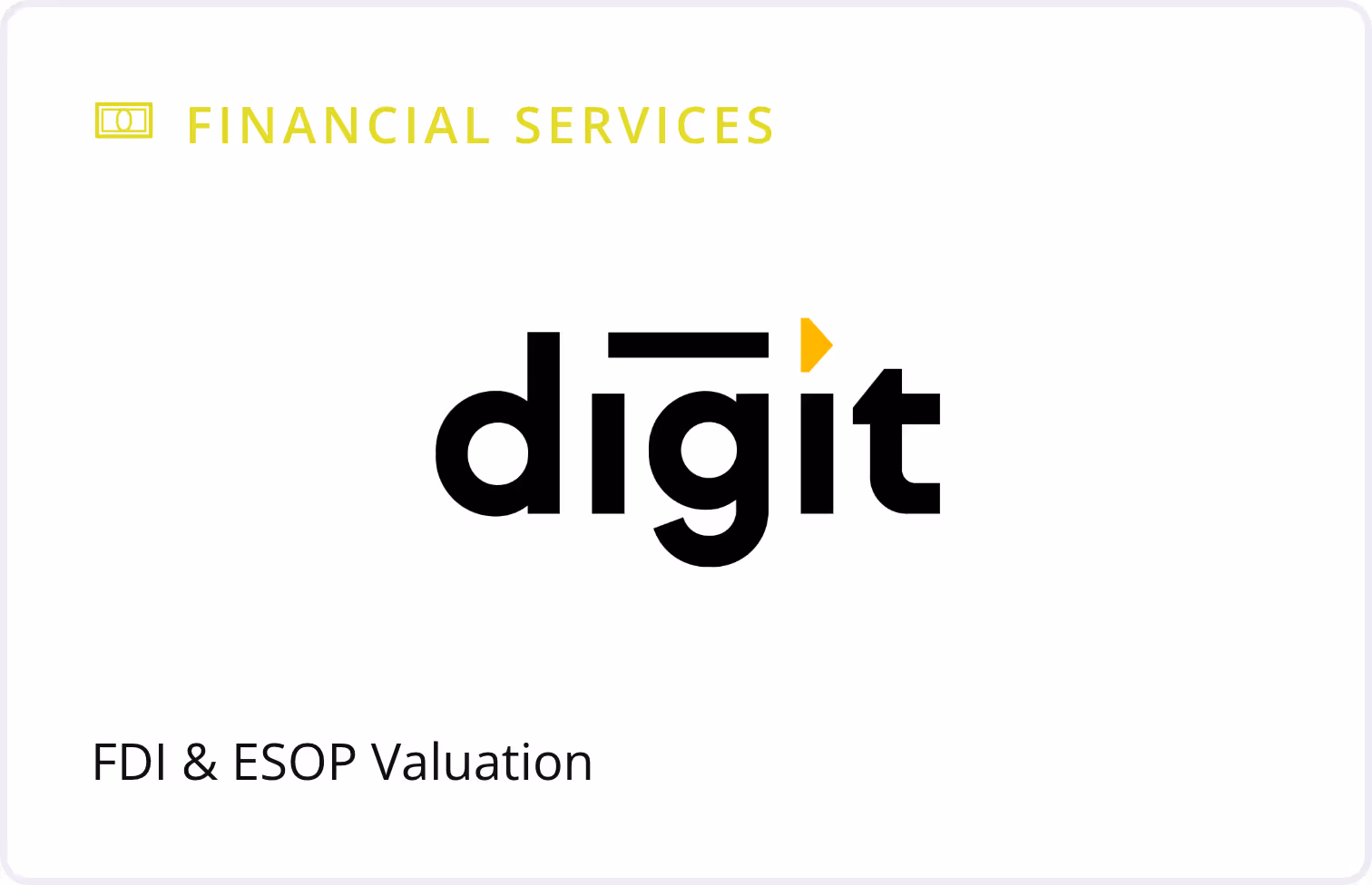 Financial Services header with Digit logo and text 'FDI & ESOP Valuation' on white background.