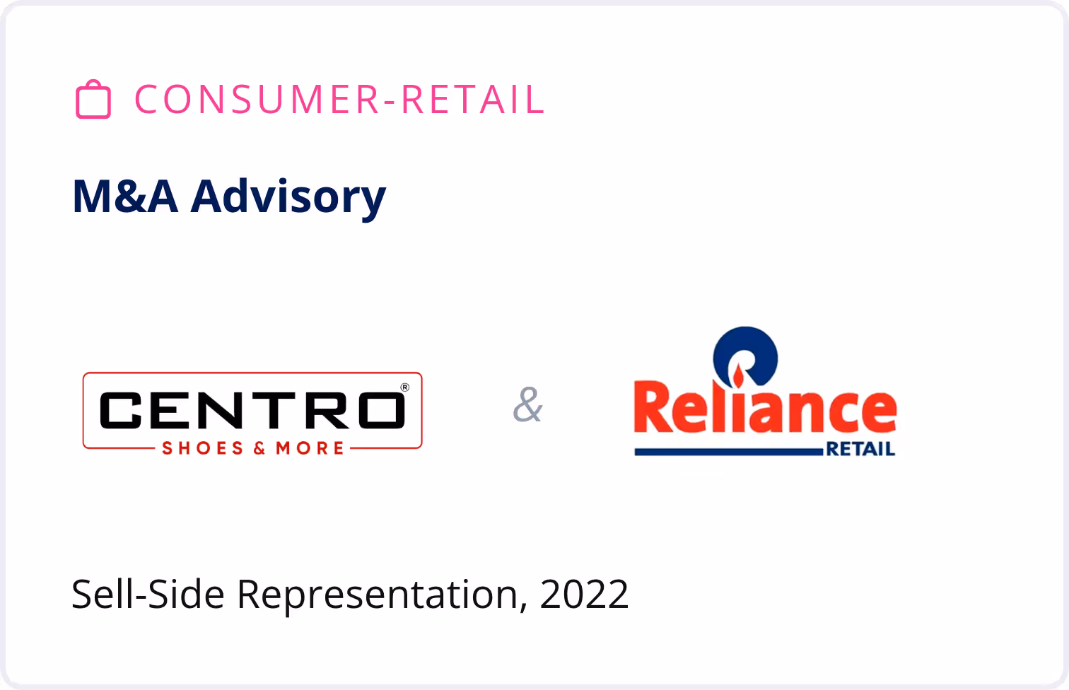 Consumer-Retail M&A Advisory showing Centro Shoes & More and Reliance Retail logos with sell-side representation in 2022.