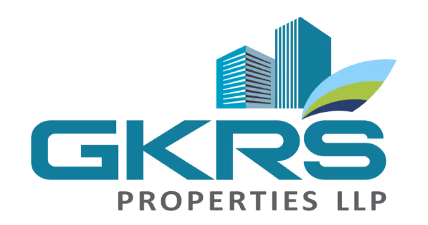Logo of GKRS Properties LLP featuring stylized letters with two blue buildings and a green and blue leaf design.