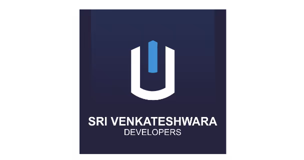 Logo featuring a stylized blue and white geometric shape above text reading 'SRI VENKATESHWARA DEVELOPERS' on a dark blue background.
