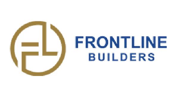 Frontline Builders logo with stylized initials FL in a gold circle and company name in blue text.
