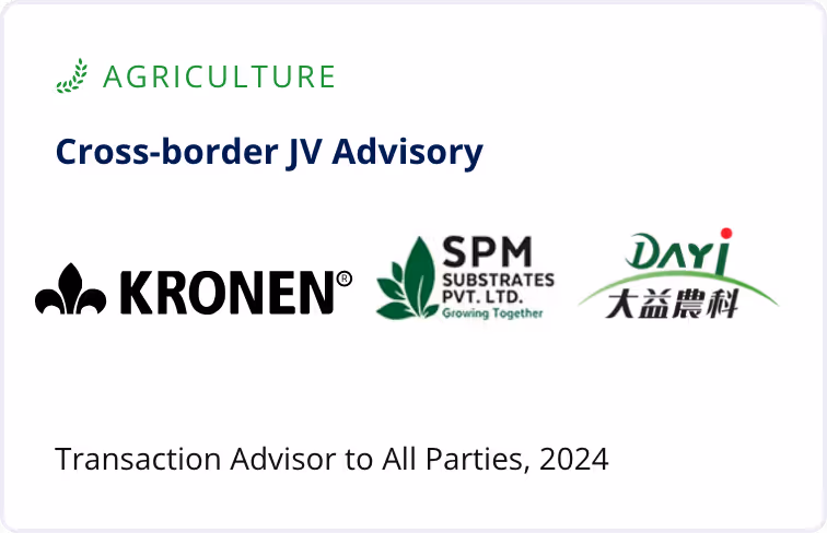 Agriculture sector Cross-border JV Advisory featuring logos of KRONEN, SPM Substrates Pvt. Ltd., and Dayi with note: Transaction Advisor to All Parties, 2024.