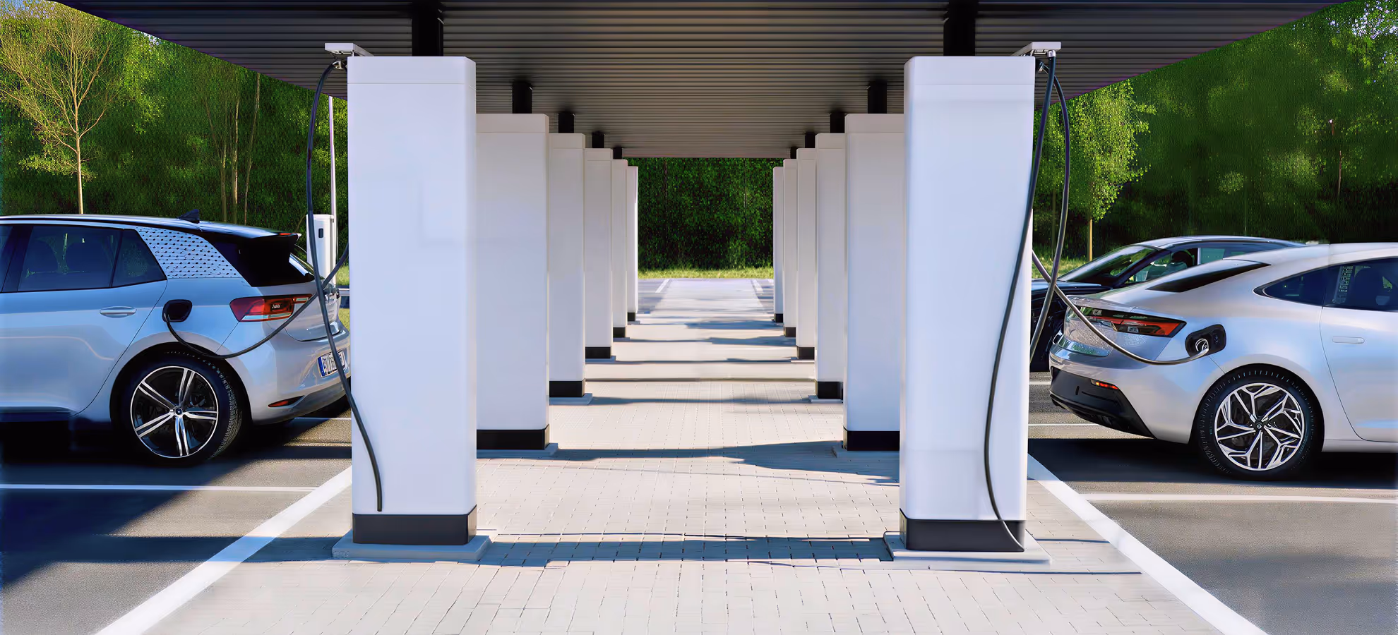 Electric cars charging at a modern outdoor charging station with multiple white charging pillars under a canopy.