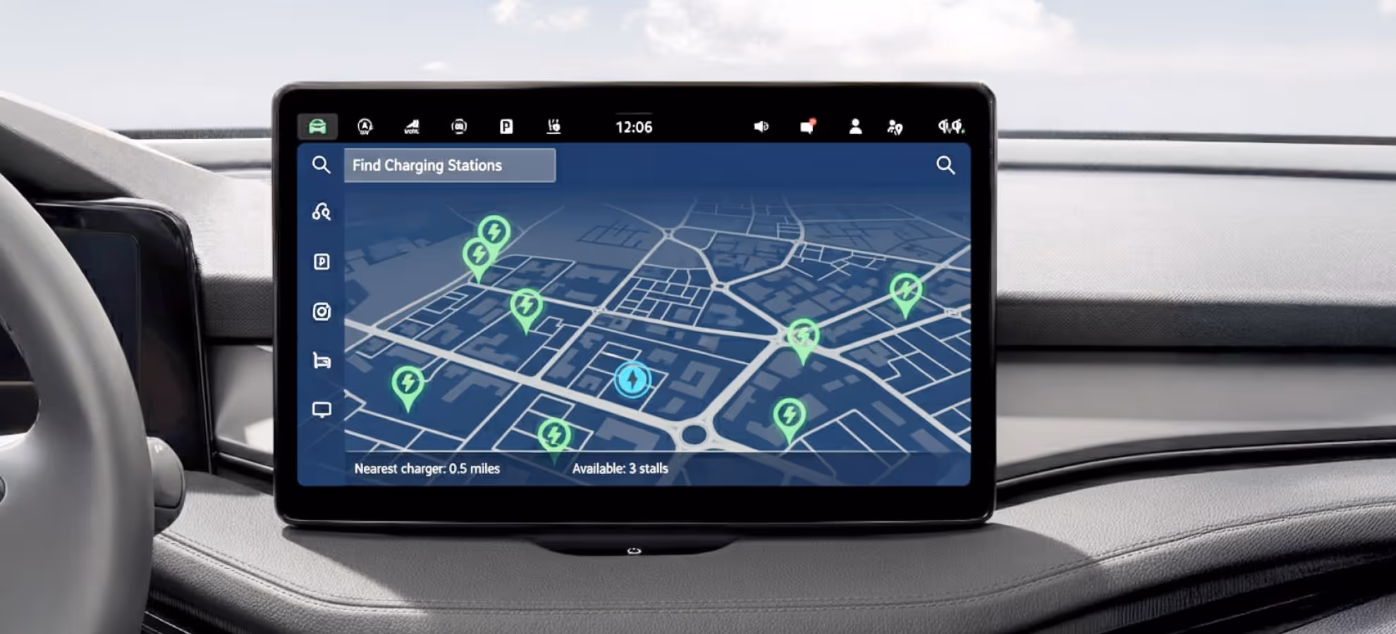 Car dashboard touchscreen showing a map with locations of electric vehicle charging stations and details about nearest charger and available stalls.