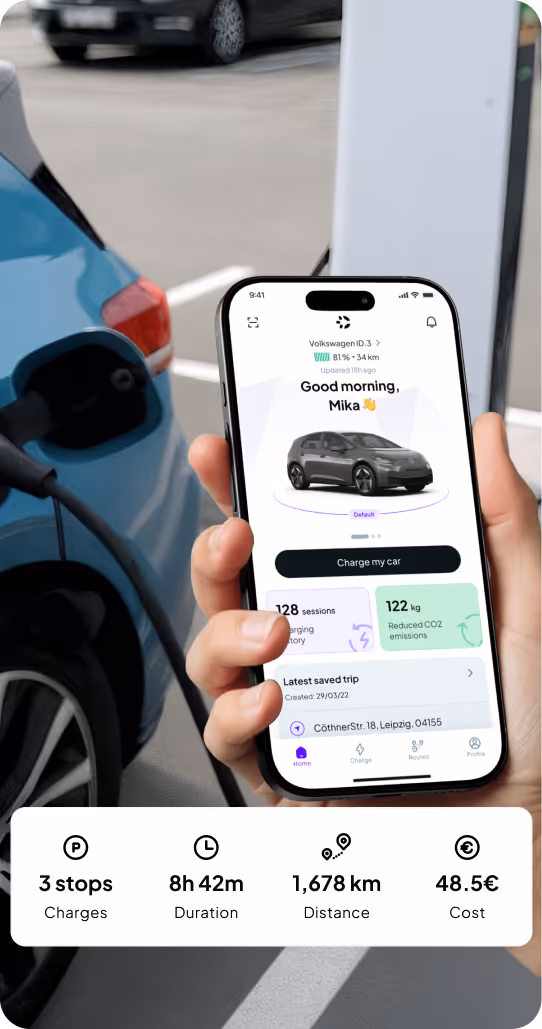 Hand holding a smartphone showing an electric car charging app interface for a Volkswagen ID.3 with charge status and trip stats, next to a blue electric car being charged.