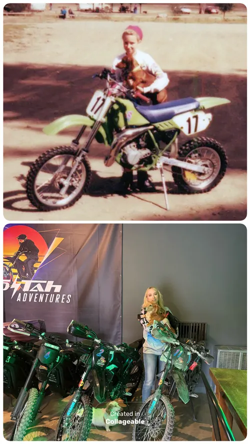 Top image shows a child with a dog standing behind a green dirt bike numbered 17; bottom image shows a woman holding a dog while sitting near electric dirt bikes indoors.