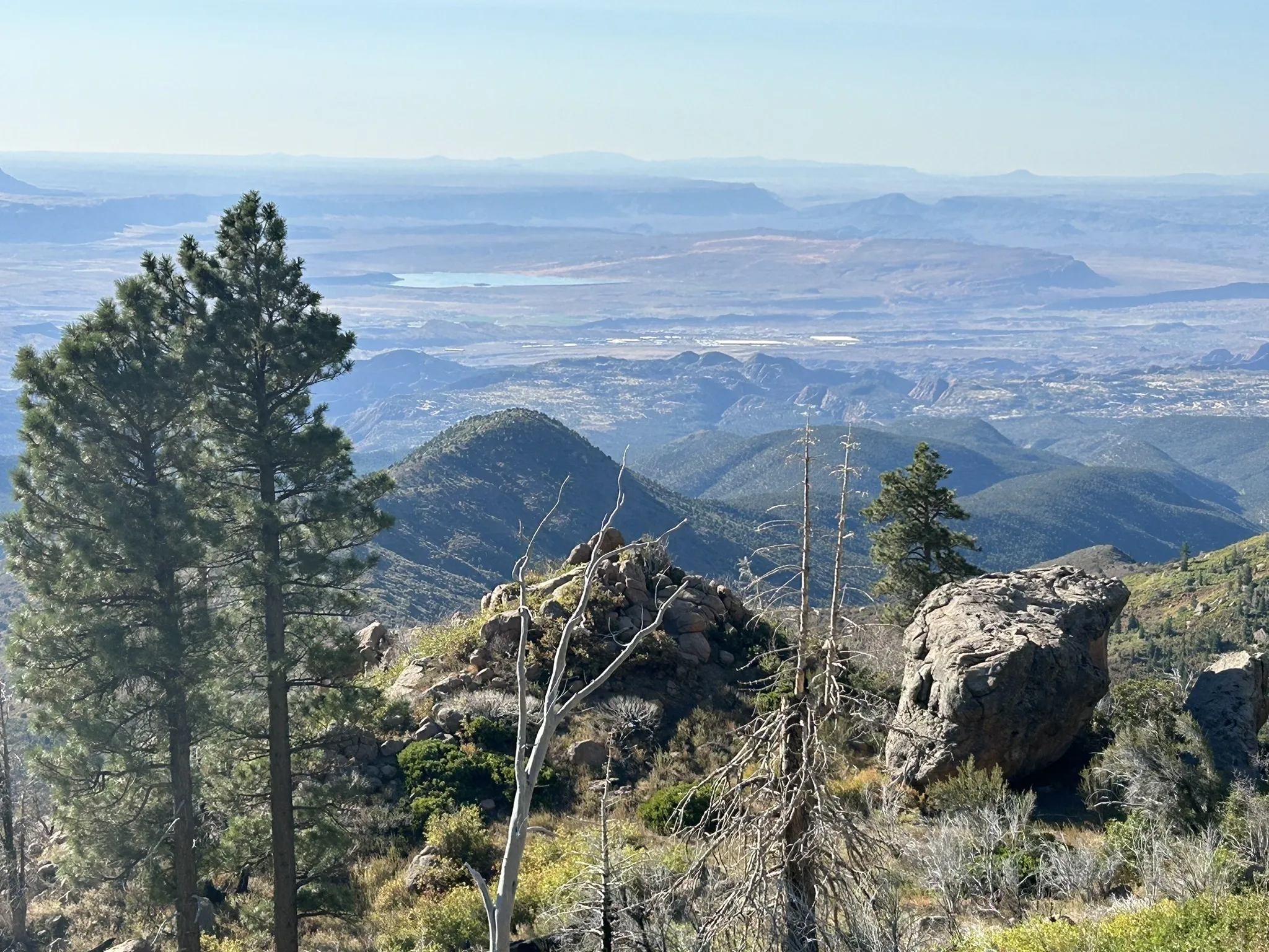 Mountain landscape with pine trees, rocky outcrops, and distant hills under clear blue sky Pine Valley Mountain, Souther Utah.