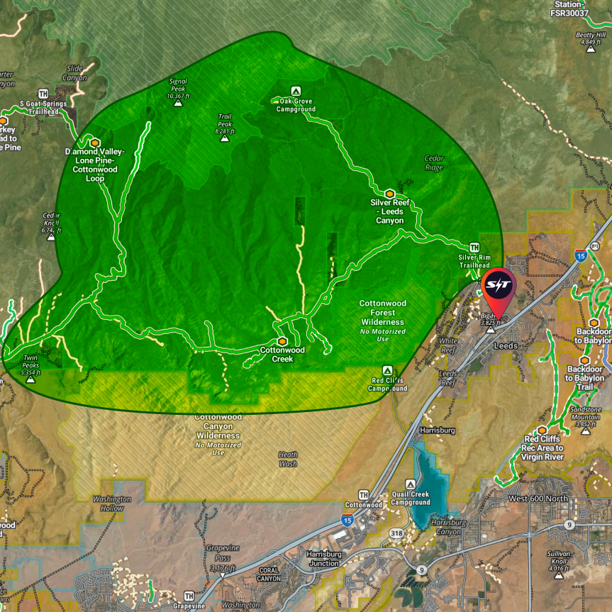 Map showing Cottonwood Forest Wilderness, trails, campgrounds, and nearby Leeds town and highways.