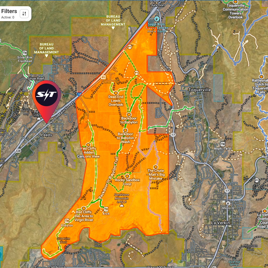 Map highlighting Babylon area in orange with trails, roads, and nearby towns Leeds and Toquerville.